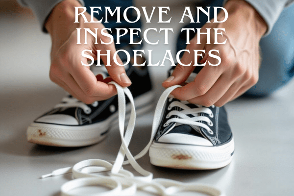 Person removing and inspecting shoelaces from sneakers.