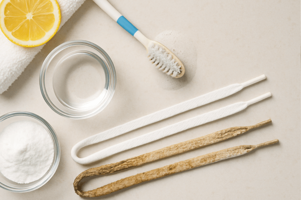 Remove yellow stains from laces with vinegar and baking soda using a natural cleaning method with a toothbrush and household ingredients