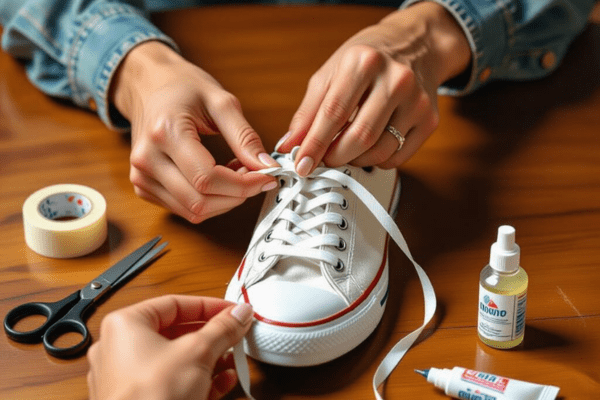 Repair shoelace tips using tape and glue for a quick DIY fix.