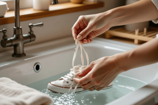 Hands rinsing a white sneaker in a sink filled with water, demonstrating proper shoe cleaning.