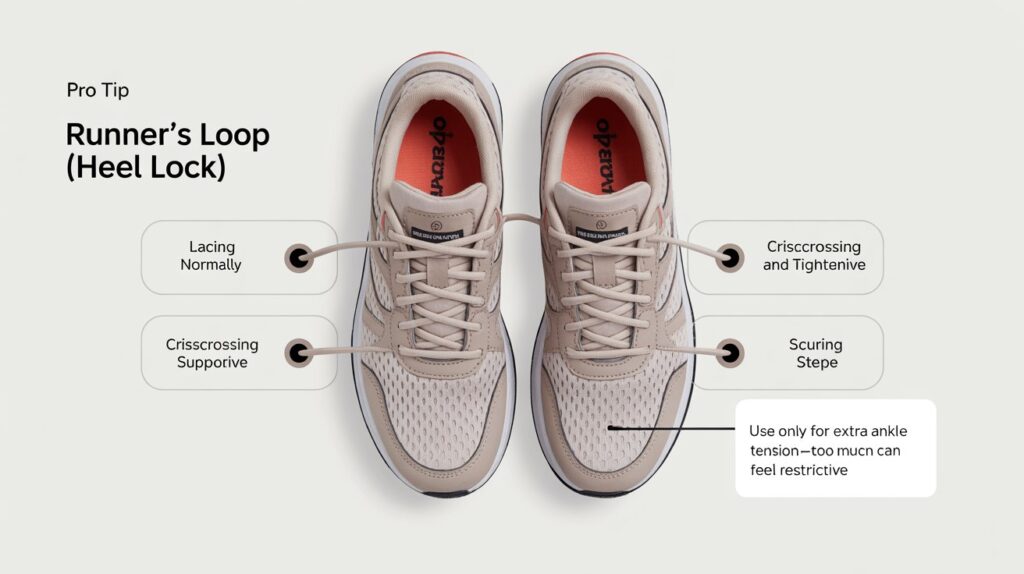 Step-by-step visual guide showing the Runner’s Loop (Heel Lock) shoelace technique on beige running shoes, with labeled stages for lacing, making loops, crisscrossing, and securing, plus a pro tip for ankle support.