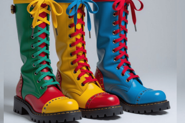 Close-up view of different shoelace lacing styles for cosplay boots, featuring colorful and thick laces on tall and combat boots, perfect for cosplay enthusiasts.