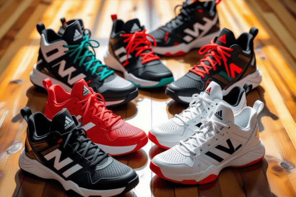 A collection of basketball sneakers laid out on a wooden surface, each featuring vibrant and trendy lacing styles.