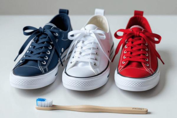 What types of shoelaces can be cleaned with toothpaste? Blue, white, and red sneakers with a toothbrush placed in front