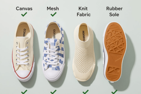 Different types of sneaker materials, including canvas, mesh, knit fabric, and rubber soles with green checkmarks