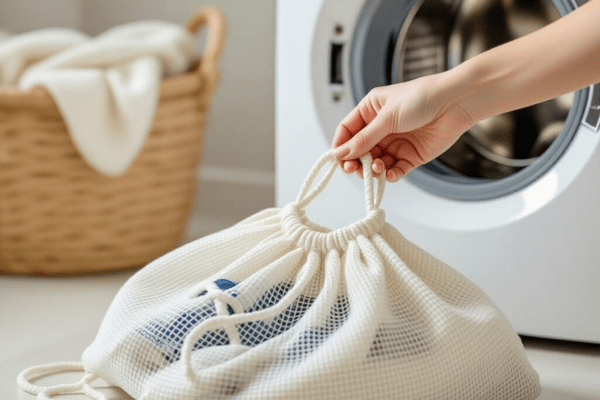 Hand holding a mesh laundry bag near a washing machine.