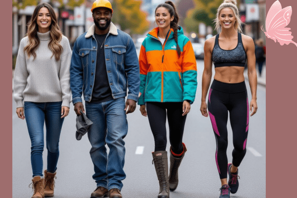 Group of smiling people wearing different boots and shoes, showing positive user reviews and testimonials for easy boot laces.