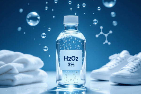 What exactly is hydrogen peroxide, and what is the science behind its cleaning action? A clear bottle labeled H₂O₂ 3% surrounded by white sneakers, a towel, and floating molecule symbols.