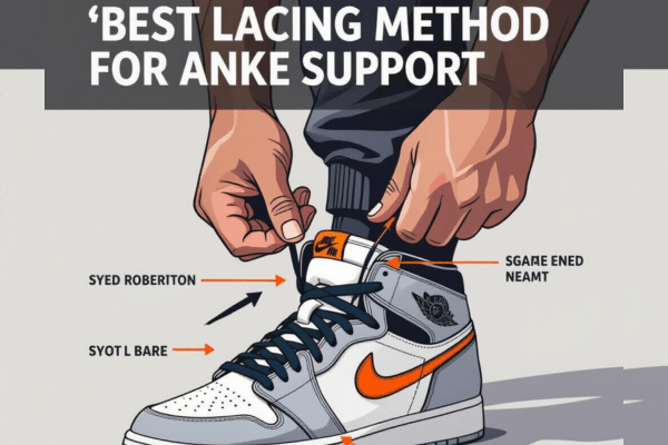 Illustration demonstrating what is the best lacing method for ankle support? showing labeled parts of the shoe for stability.