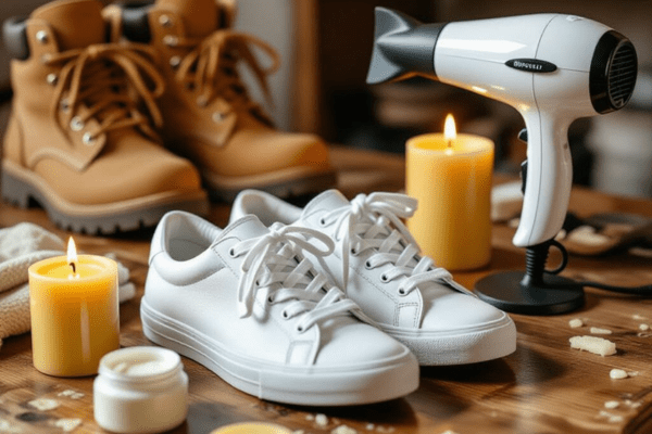 WWhat Materials Can Waterproof Shoelaces at Home? White sneakers with shoelaces being waterproofed using candle wax and a hair dryer