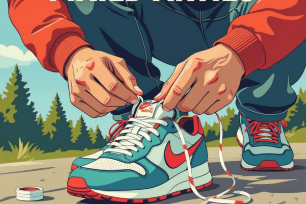 Hands repairing a broken shoelace on a sneaker using simple tools like thread, scissors, and a lighter
