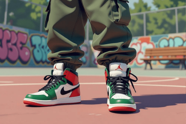 Person wearing casually laced basketball shoes on an outdoor court with graffiti in the background