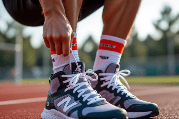 Athlete tying shoelaces, demonstrating why proper lacing matters for ankle support during sports activities.