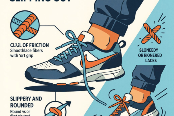 Illustrated breakdown of why shoelaces slip out: the real causes include low friction, smooth or rounded laces, and poor knotting techniques.