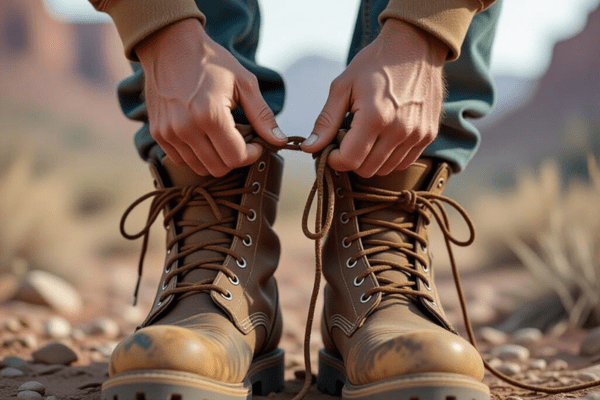Close-up of a person tying traditional lace-up brown boots outdoors, illustrating potential issues with conventional boot laces.