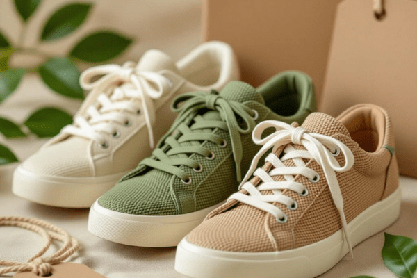 Three pairs of eco-friendly sneakers featuring shoelaces from top eco-friendly shoelace brands, made with biodegradable and sustainable materials in beige, green, and tan colors, surrounded by natural elements.