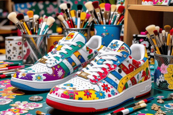A pair of white sneakers decorated with colorful floral patterns in red, yellow, blue, and purple. The sneakers are placed on a table surrounded by containers filled with makeup brushes and art supplies, highlighting creative customization beyond just changing shoelaces.