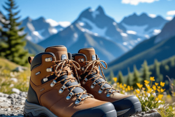 Close-up of sturdy hiking boots with durable shoelaces on a rocky trail with mountains in the background.