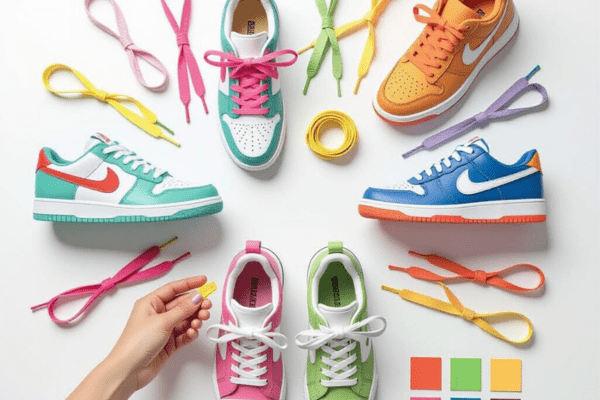 Colorful sneakers paired with matching vibrant shoelaces arranged neatly on a white background, showcasing different lace color options to complement each sneaker.