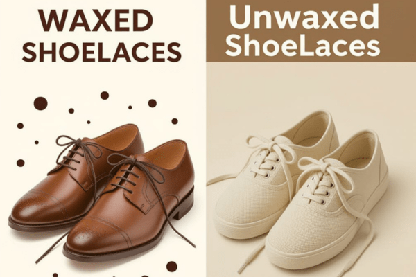 A visual comparison highlighting the difference between waxed and unwaxed shoelaces—with waxed laces shown on formal leather shoes to the left and unwaxed laces on casual canvas shoes to the right.