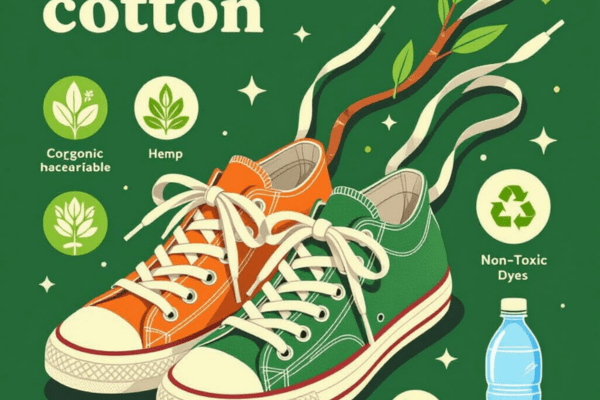 Illustration of eco-friendly shoelaces made from organic and sustainable materials such as organic hemp and non-toxic dyes.