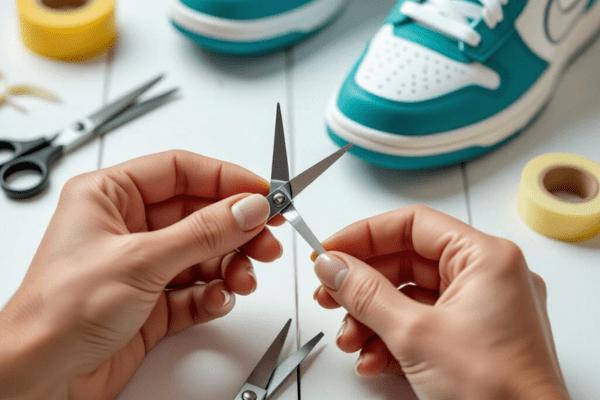 Step-by-step process showing how to shorten round shoelaces using scissors, with a sneaker in the background.