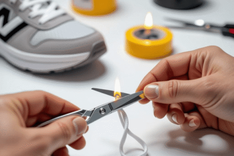 "How to shorten round shoelaces without fraying using scissors and a flame, shown with hands, a sneaker, and tools on a clean surface.