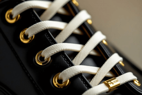 Luxury shoelaceswith golden eyelets and branded tips on black leather shoes