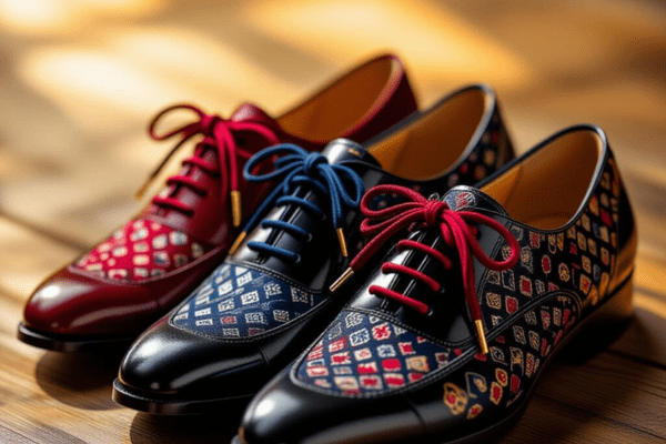 Popular designs and colors for luxury shoelaces in red, blue, and black with golden tips