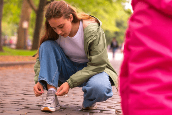 A young woman stops on a cobblestone path to tie her shoelaces—a quick fix for loose shoelaces while walking.