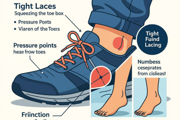 Illustration showing Why Do Shoelaces Hurt My Toe When Walking? by demonstrating how tight shoelaces squeeze the toe box, causing pressure points, friction, and numbness in the toes.