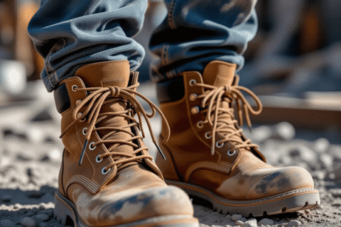 Strong bootlaces for steel-toe boots are shown on rugged work footwear at a construction site.