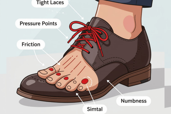 Illustration showing why shoelaces hurt your toe with tight laces, pressure points, friction, and numbness.