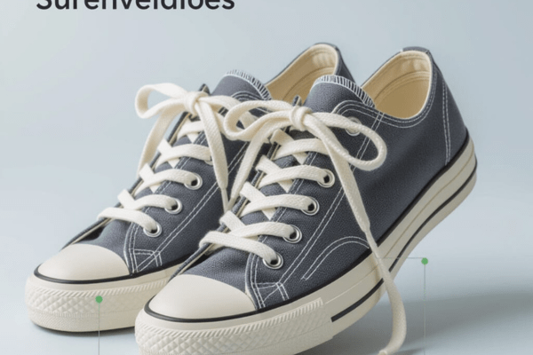 A pair of canvas sneakers with thick, soft unwaxed shoelaces tied in a casual bow on a light background.