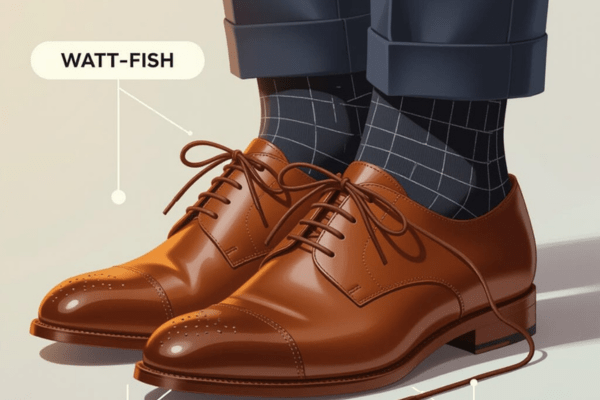 Close-up of brown leather dress shoes with tightly tied waxed shoelaces, worn with checkered socks and formal pants.