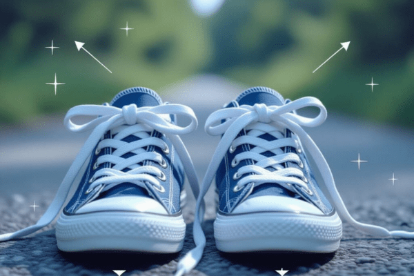 Image showing tied sneakers on a road, representing the question: "Why do my shoelaces always twist?"