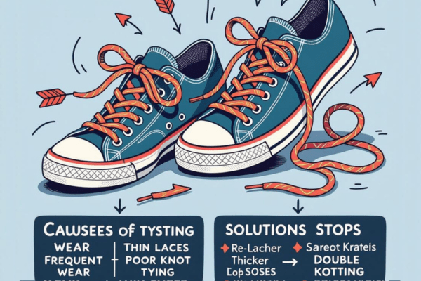 Illustration showing causes of shoelace twisting and solutions to stop shoelaces from curling.