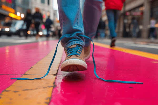 Close-up of loose shoelaces on a walking person’s sneakers, illustrating why shoelaces always come undone while walking