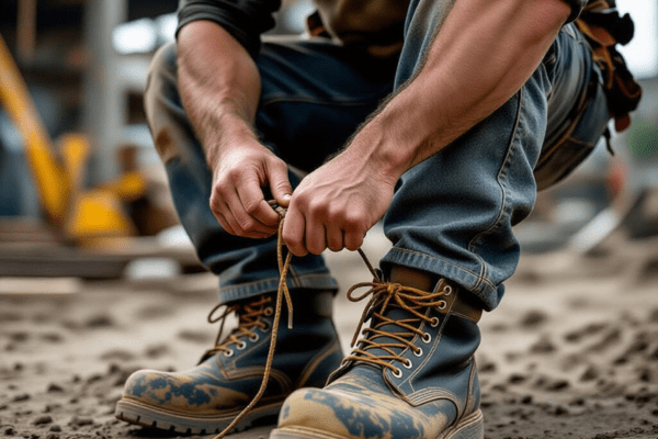 A worker tying strong bootlaces on steel toe boots, showing why steel toe boots need strong bootlaces for tough job sites.