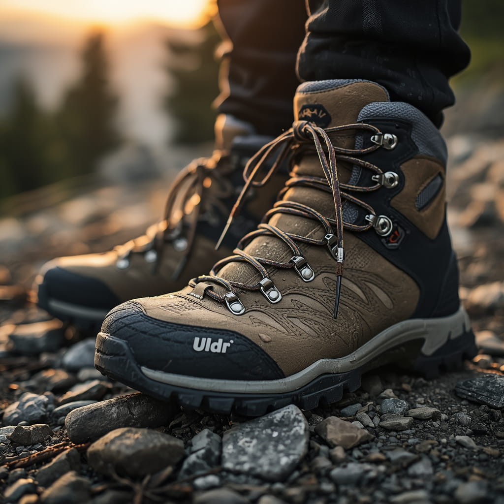 Rugged hiking boots with durable round shoelaces tied tightly on a rocky trail during sunset.