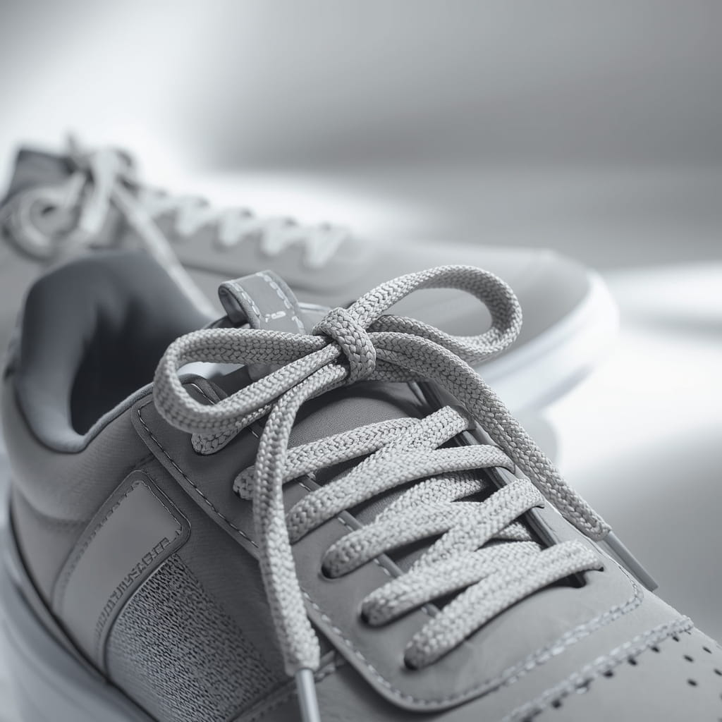 Close-up of secure, non-slip shoelaces tied firmly on modern sneakers, showing the best shoelaces that stay tied without loosening.