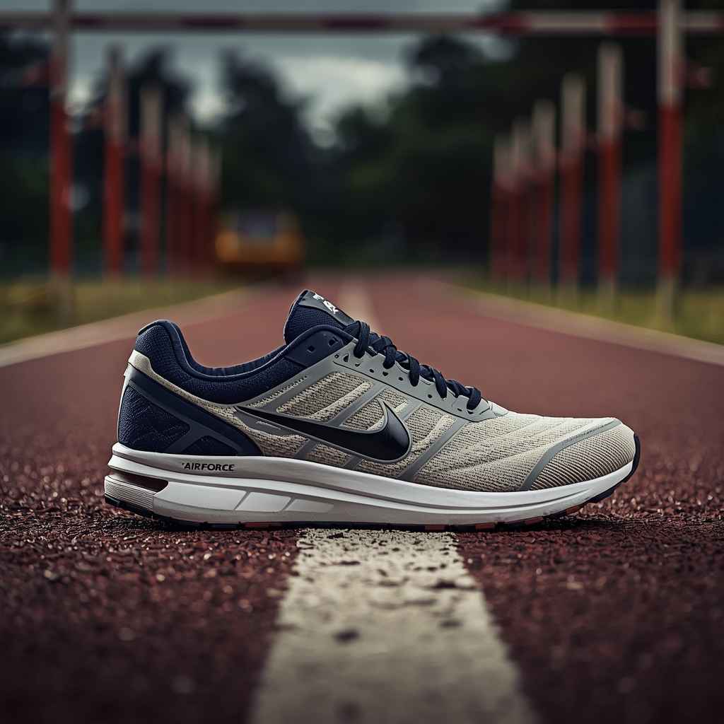 Lightweight and cushioned running shoes for Air Force basic training placed on a track field, designed for durability, breathability, and military fitness preparation.