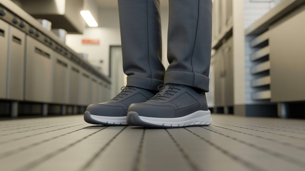 Person wearing the best cushioned running shoes with thick supportive soles for comfort and shock absorption on indoor floor.