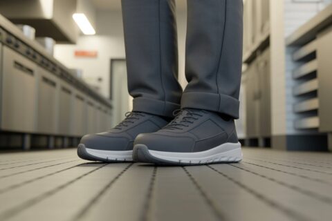 Person wearing the best cushioned running shoes with thick supportive soles for comfort and shock absorption on indoor floor.