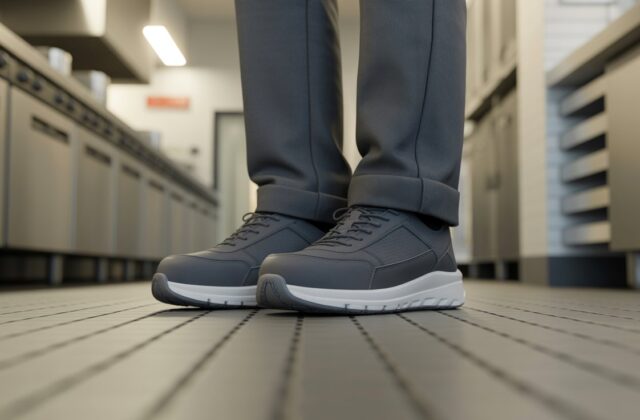 Person wearing the best cushioned running shoes with thick supportive soles for comfort and shock absorption on indoor floor.