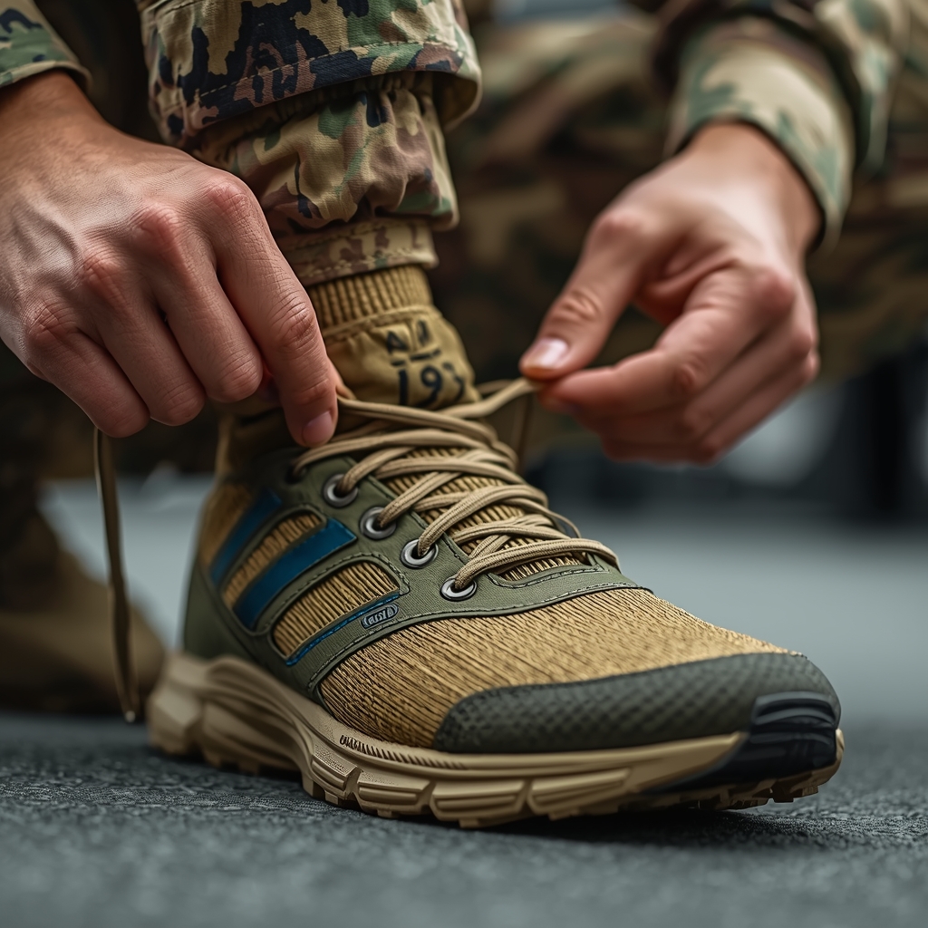 Close-up of Air Force recruit tying laces of best running shoes for air force basic training with durable support and cushioning.