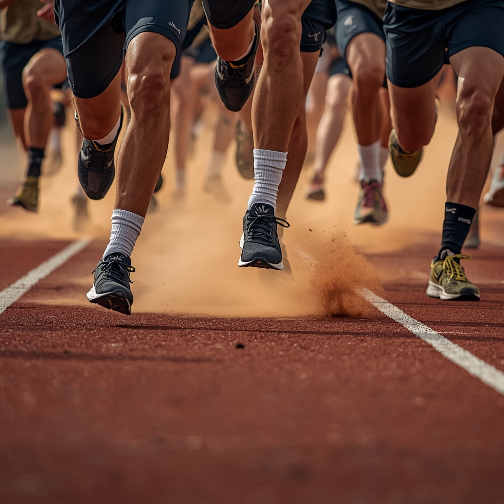 Air Force recruits running in formation during basic training wearing the best running shoes for air force basic training on track.
