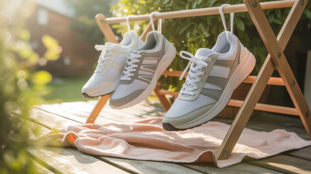 Clean running shoes air-drying on a rack outdoors in sunlight, showing the proper way to dry running shoes after washing.