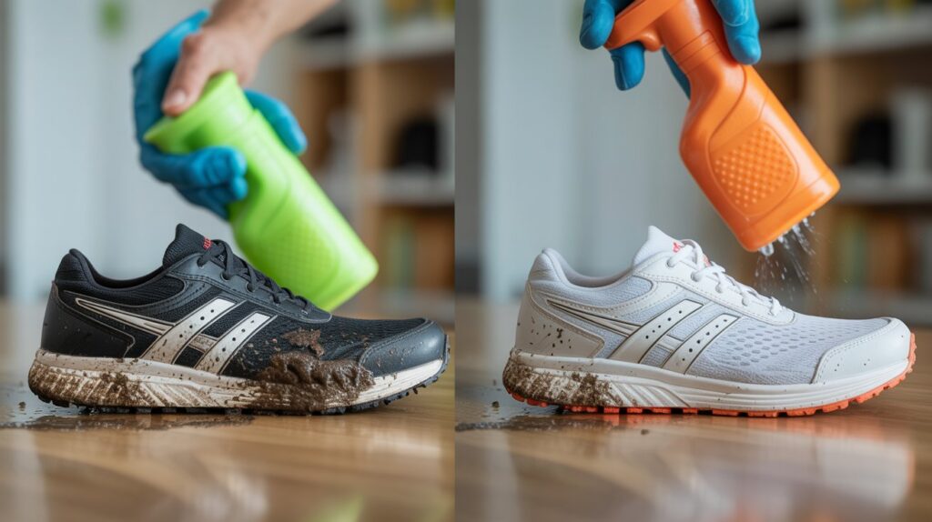 Before and after comparison of muddy running shoes being cleaned, showing dirty black sneaker and freshly cleaned white sneaker on wooden floor.