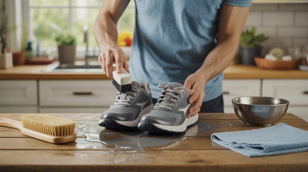 Person scrubbing gray running shoes with a brush and soapy water on a wooden table, demonstrating the best way to clean running shoes at home.